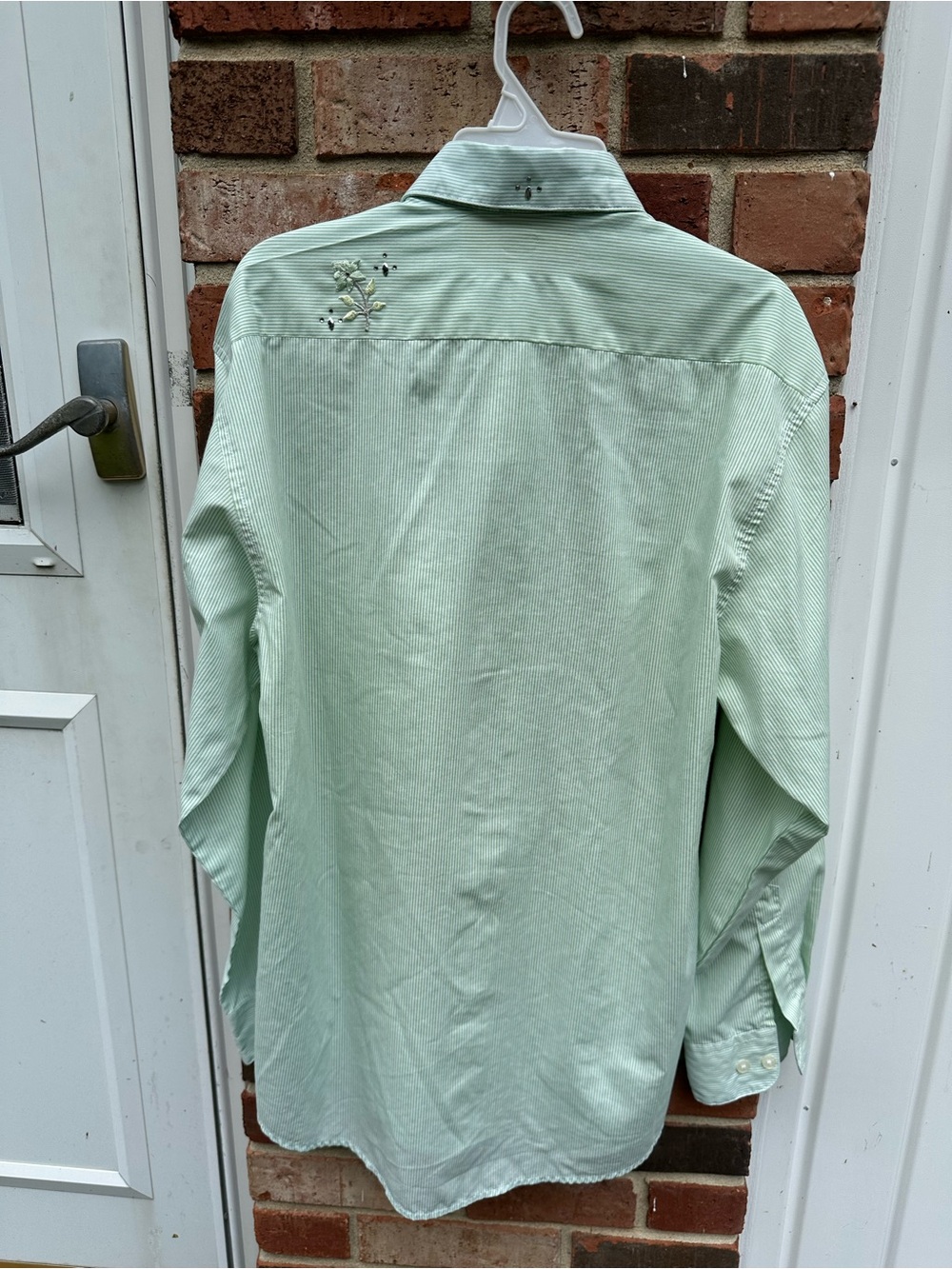 MiLi Designs? Woman's S Green Stripe Floral Appliqué Button Up Long Sleeve Shirt - Picture 7 of 9